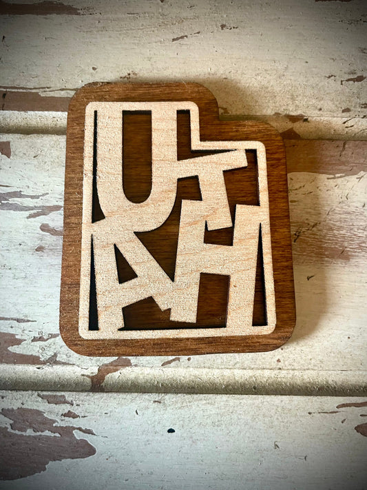 Utah Word Art 2-Layer Wood Refrigerator Magnet | 12 Finishes | State Pride Gift