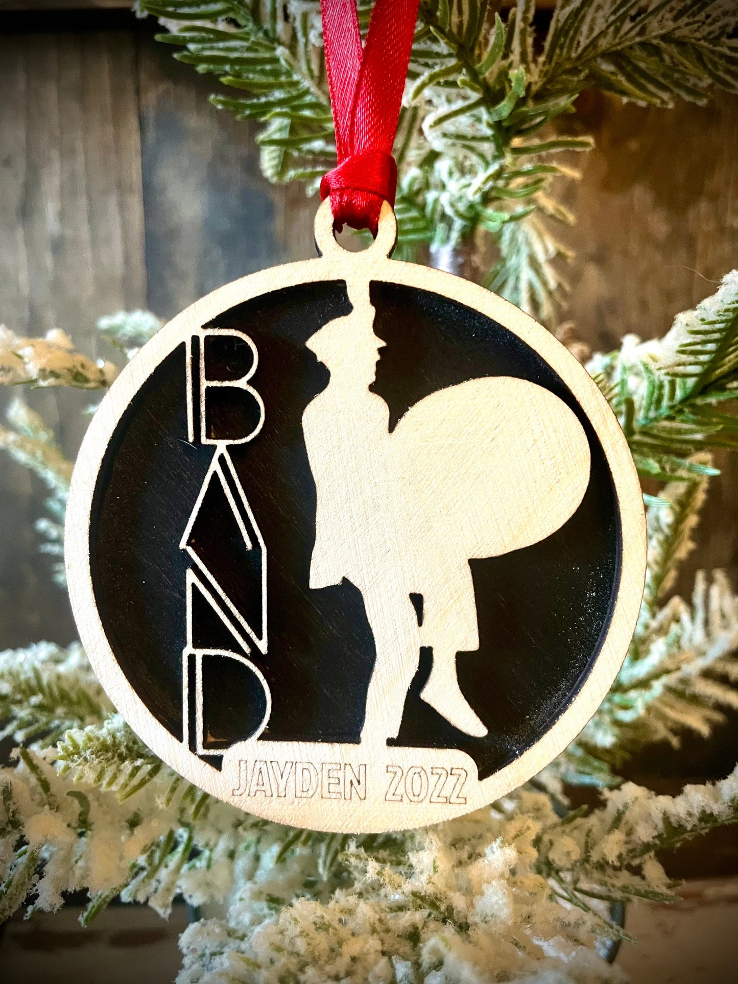 Marching Band Bass Drum Player Personalized 2-Layer Wood Christmas Ornament & Gift Tag | Multiple Finishes | Music Gift (#5)
