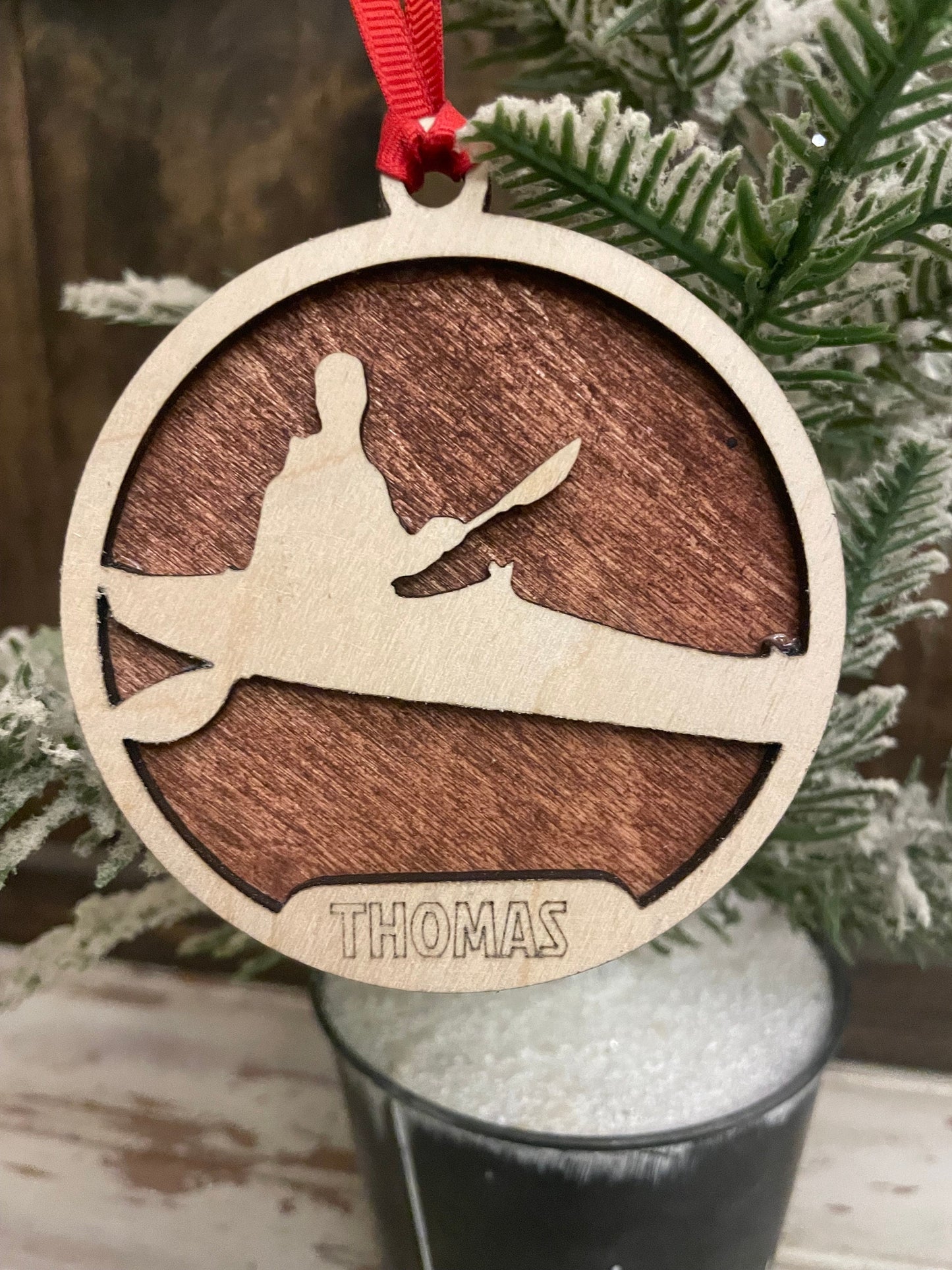 Male Kayaking Personalized 2-Layer Wood Christmas Ornament & Gift Tag | Multiple Finishes | Kayaking Gift
