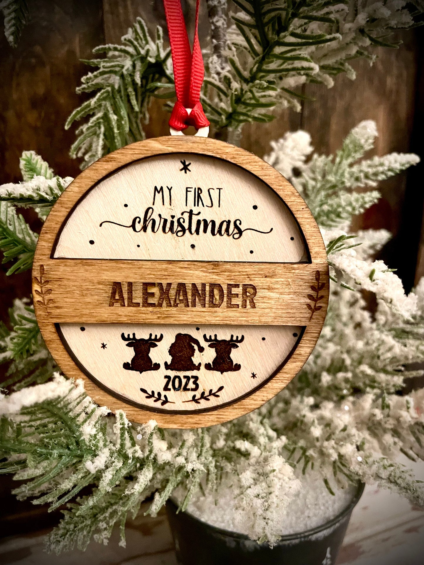 My First Christmas Personalized 2-Layer Wood Christmas Ornament & Gift Tag | Multiple Finishes | Baby Gift