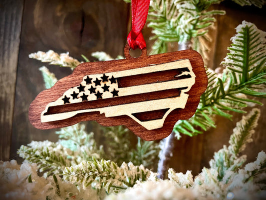North Carolina US Flag Wood Ornament & Gift Tag | 12 Finishes | Patriotic Gift