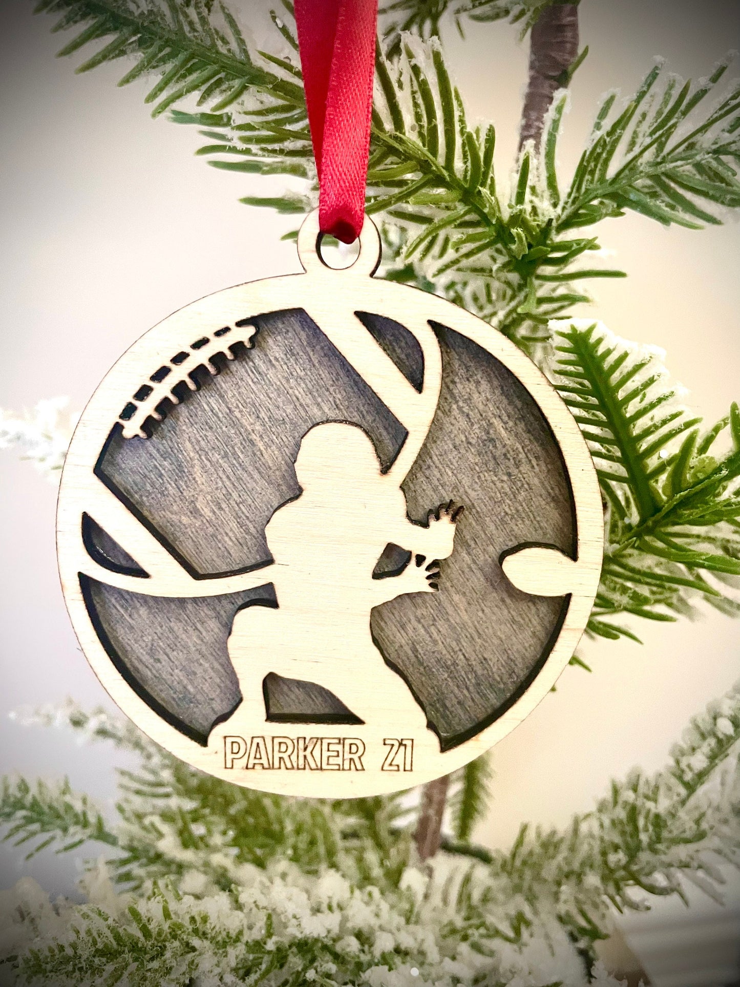 Football player 2-layer personalized laser cut wood Christmas ornament, gift tag available unfinished or stained (version 1 of 16)