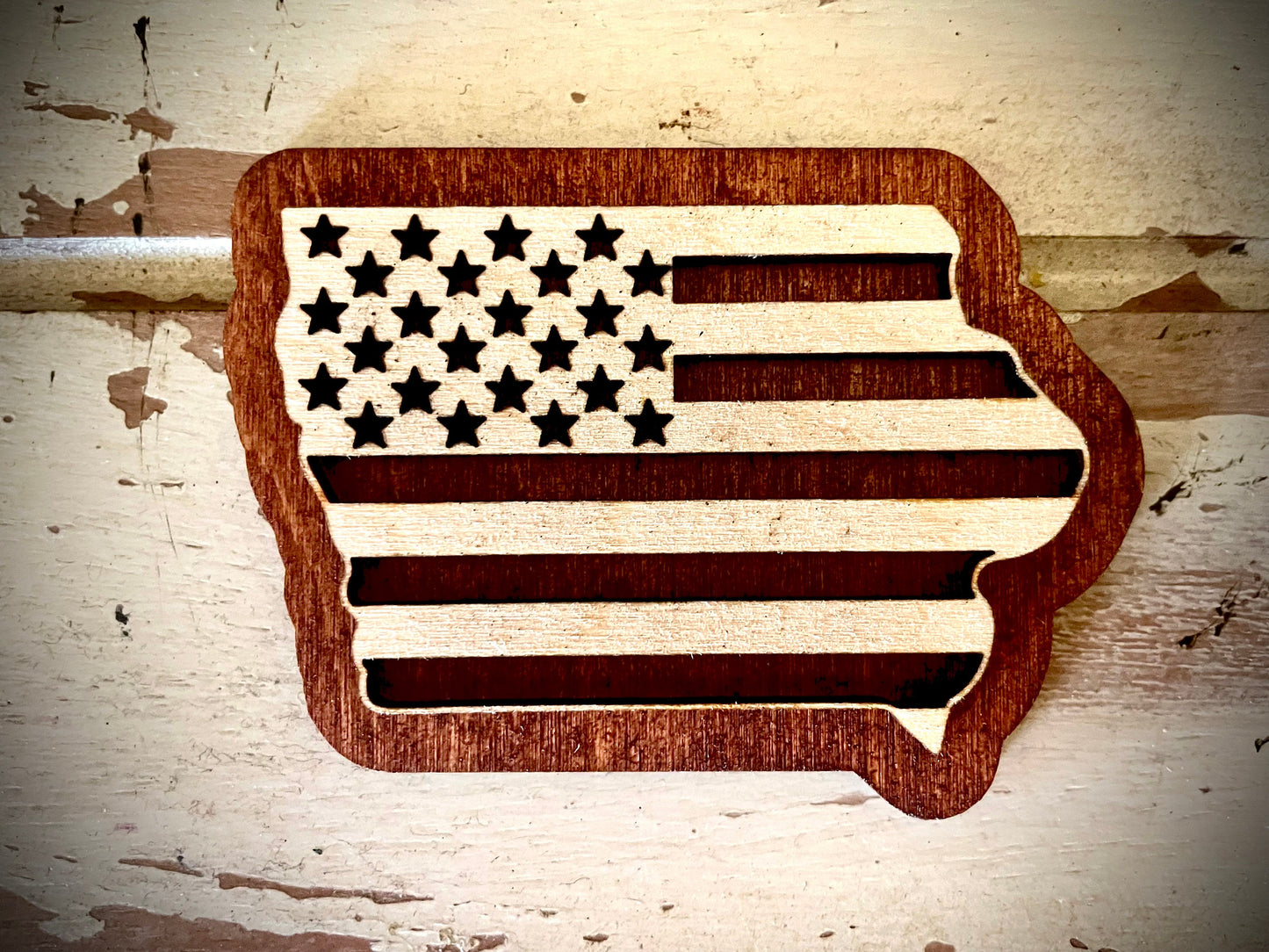 Iowa US Flag 2-Layer Wood Refrigerator Magnet | 12 Finishes | Patriotic Gift