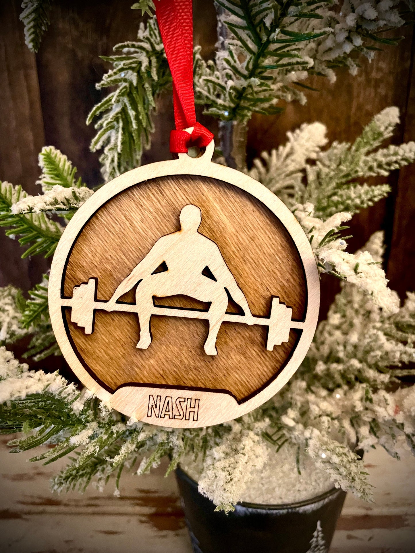 Male Weightlifter Personalized 2-Layer Wood Christmas Ornament & Gift Tag | Multiple Finishes | Fitness Gift