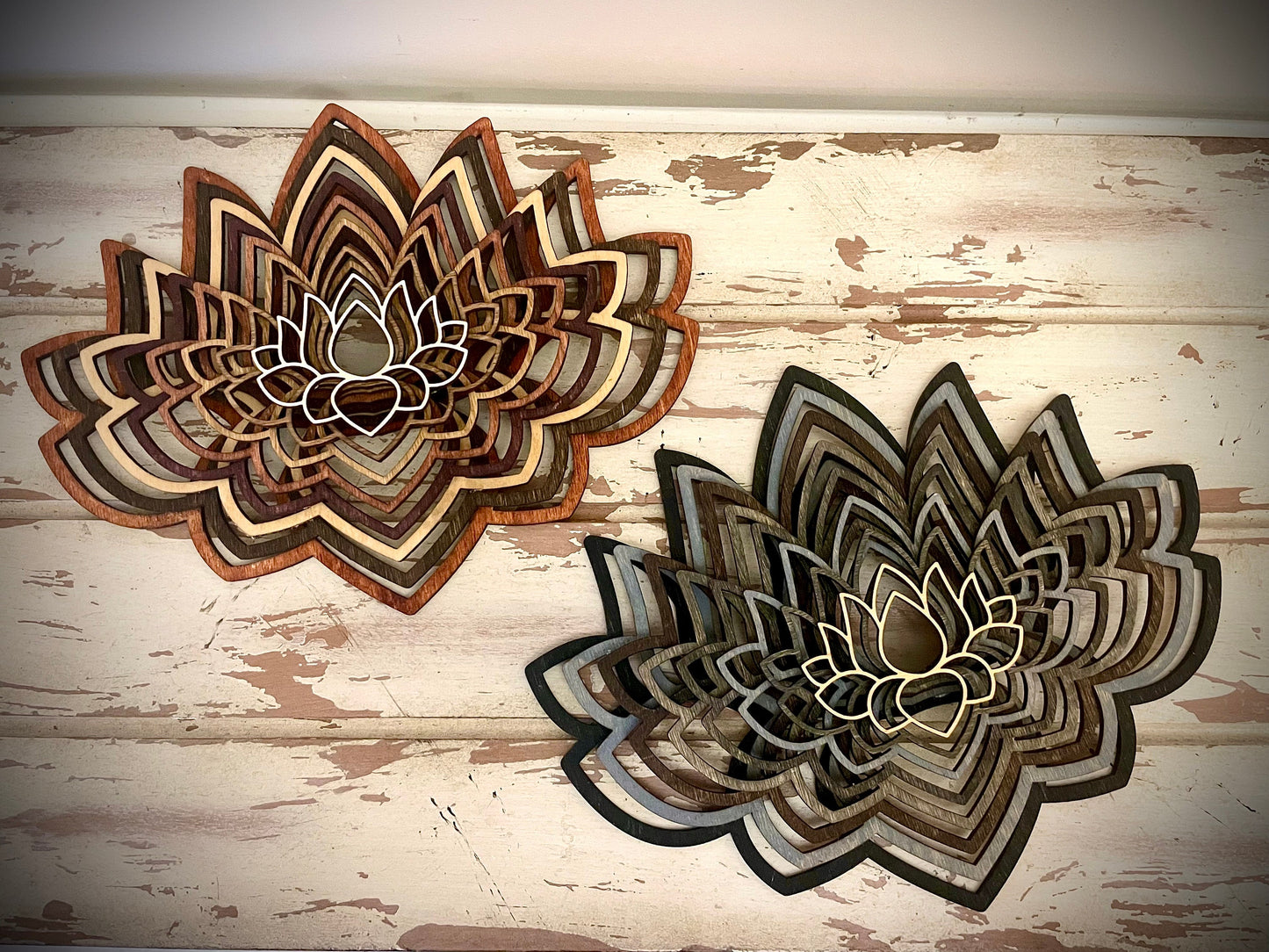 Boho Lotus Flower Mandala Stacked 3D Wood Table & Wall Art | 8 Layers | Brown or Gray Tones