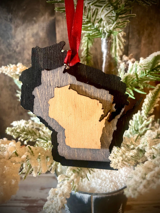 Wisconsin 3-Layer Stacked Wood Ornament & Gift Tag | Brown & Gray Tones | State Pride Gift
