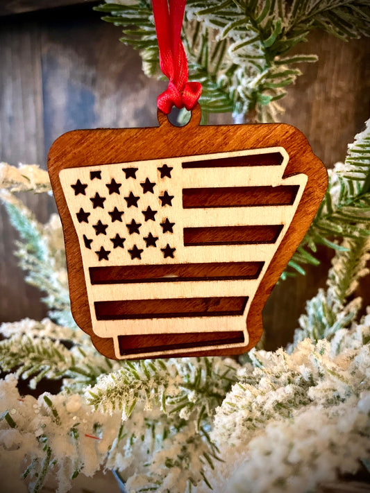 Arkansas US Flag Wood Ornament & Gift Tag | 12 Finishes | Patriotic Gift