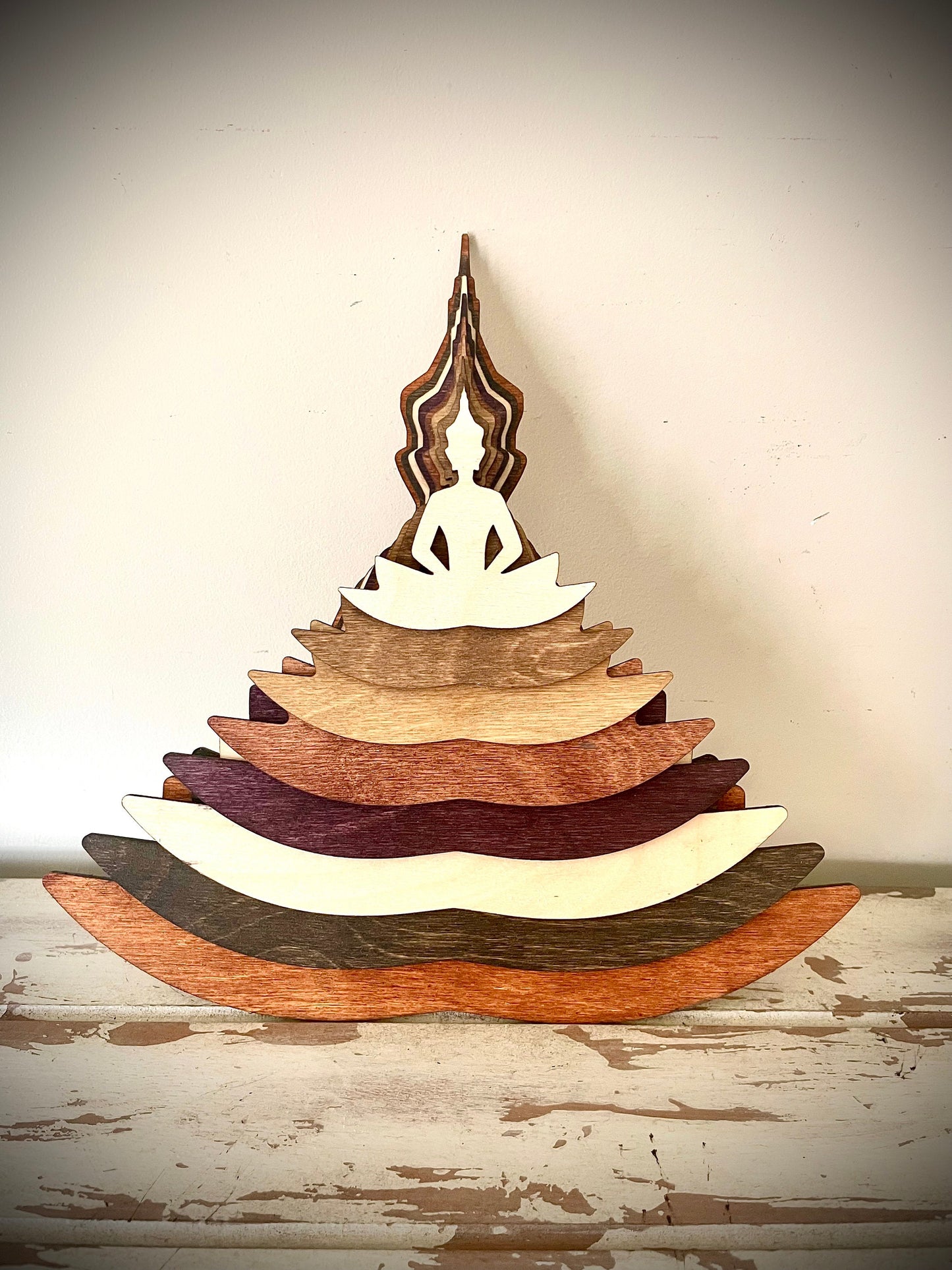 Stacked Lotus Flower Yoga Pose Mandala 3D Wood Table & Wall Art | Brown or Gray Tones | Yoga Gift