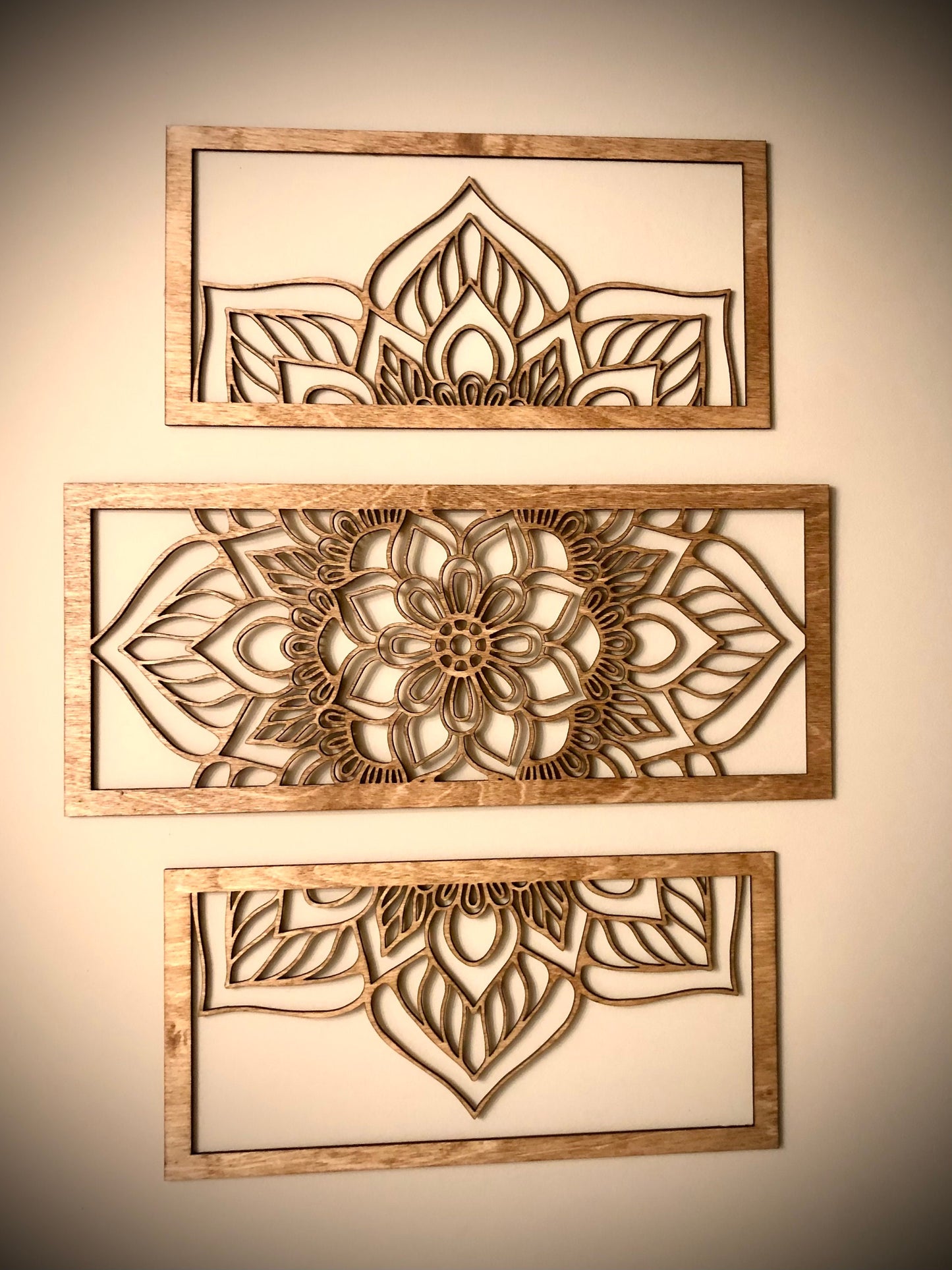 Flower Mandala Wood Wall Art | 3-Panel Set | Multiple Sizes & Finishes
