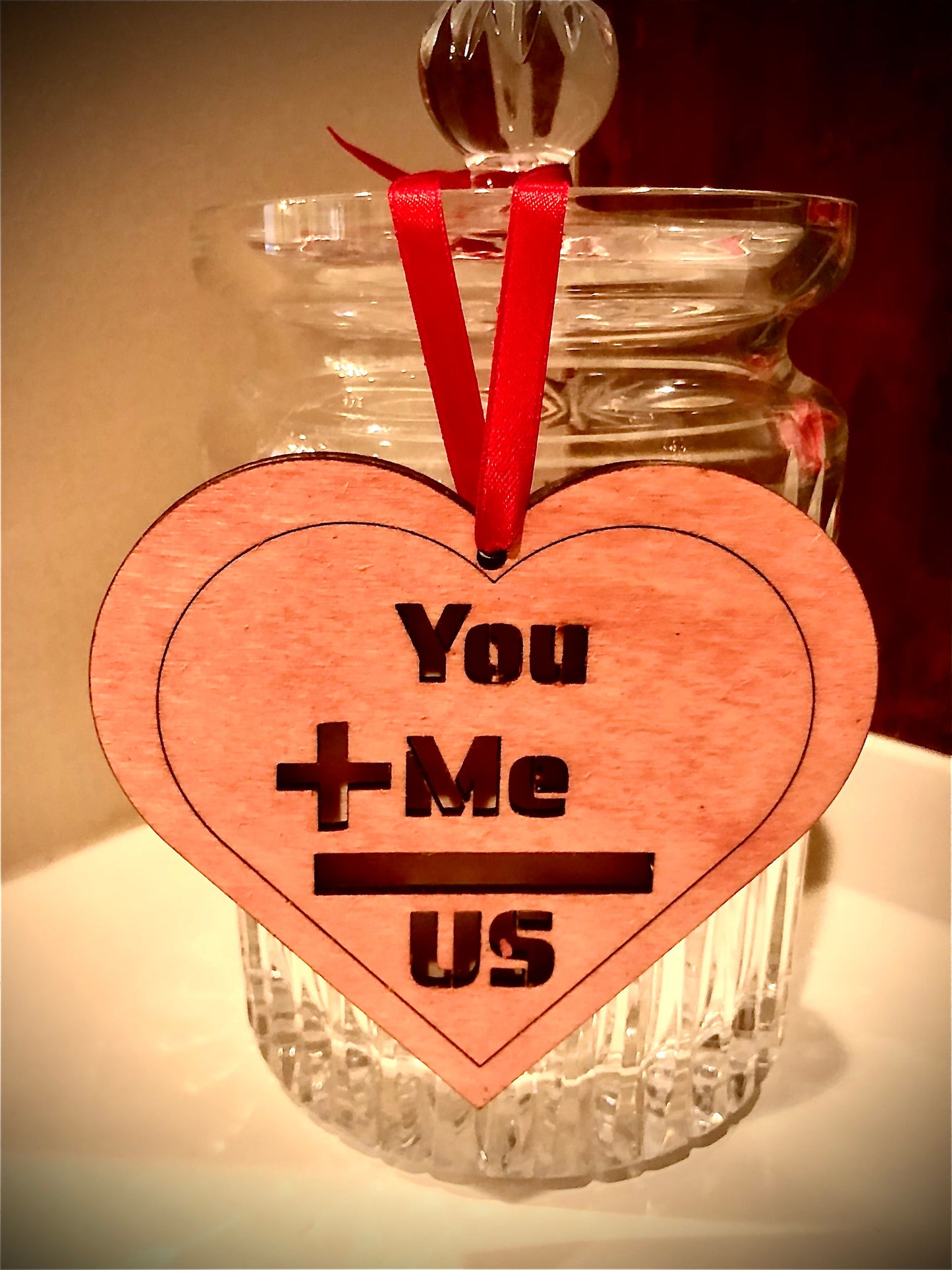 Layered Heart Wood Valentine Ornament | "You + Me = Us" | Valentine's Day Gift