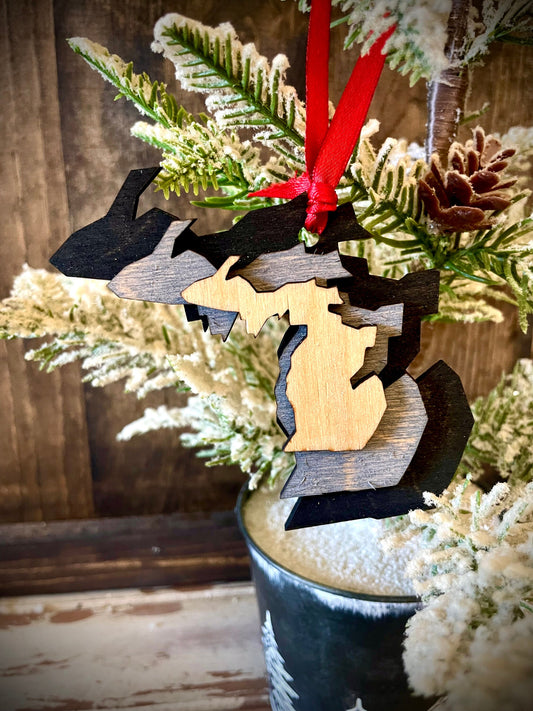 Michigan 3-Layer Stacked Wood Ornament & Gift Tag | Brown & Gray Tones | State Pride Gift