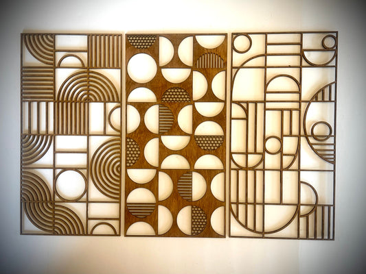 Bauhaus Style 3-Panel Wood Wall Art Set B - full set view