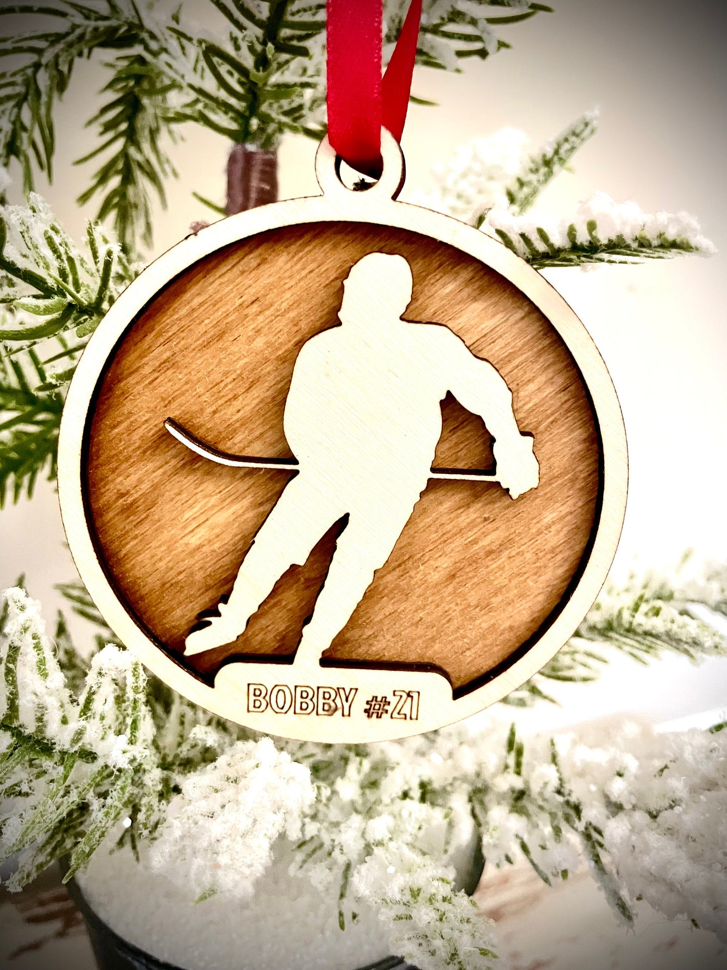Hockey player skater 2-layer personalized laser cut wood Christmas ornament, hockey gift tag, available unfinished or stained (skater 4)