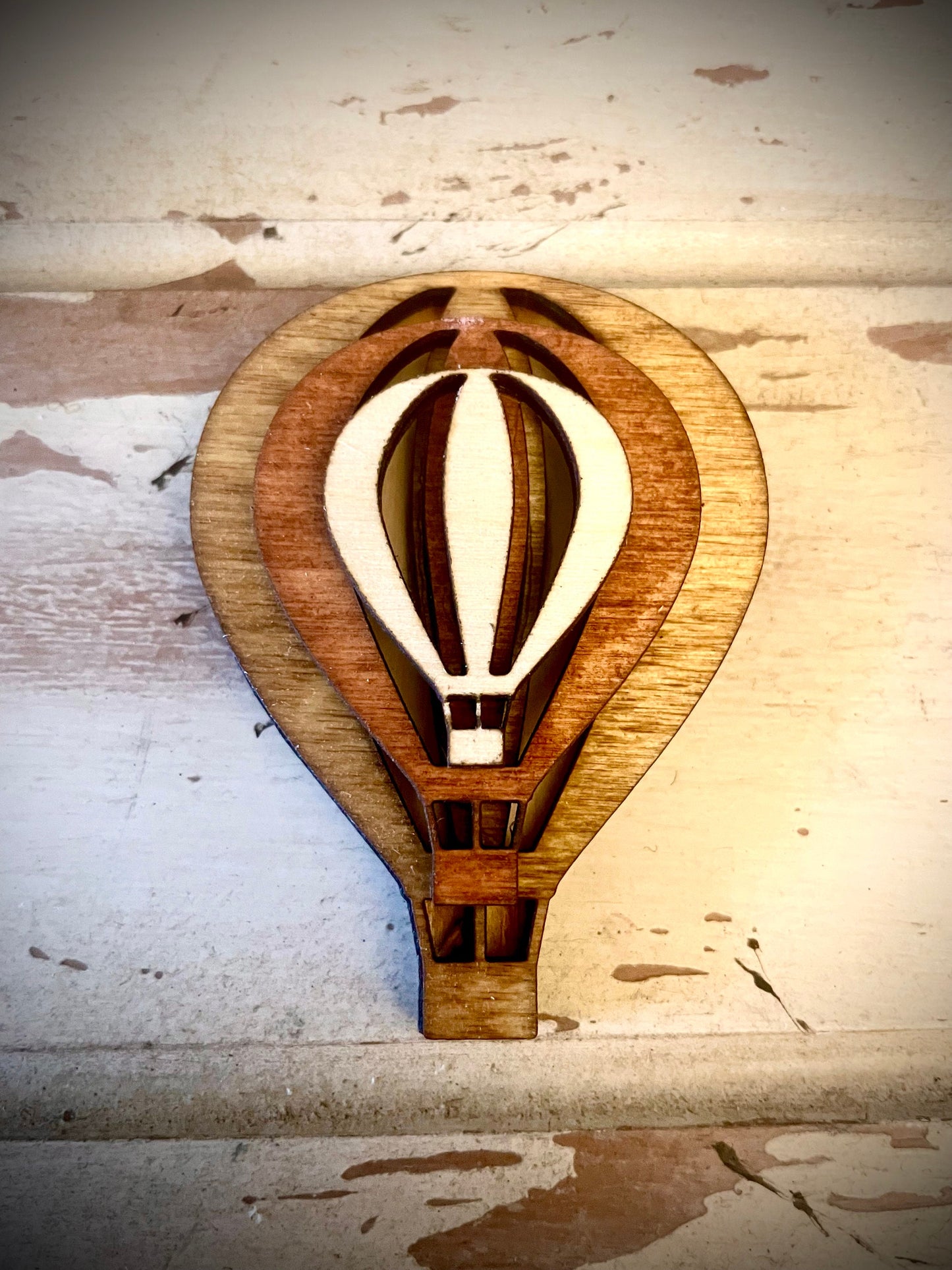Stacked Hot Air Balloon 3-Layer Wood Refrigerator Magnet | Brown & Gray Tones | Home Decor Gift