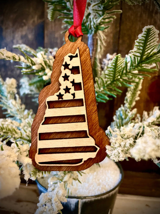 New Hampshire US Flag Wood Ornament & Gift Tag | 12 Finishes | Patriotic Gift