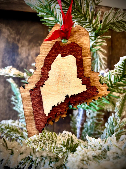 Maine 3-Layer Stacked Wood Ornament & Gift Tag | Brown & Gray Tones | State Pride Gift