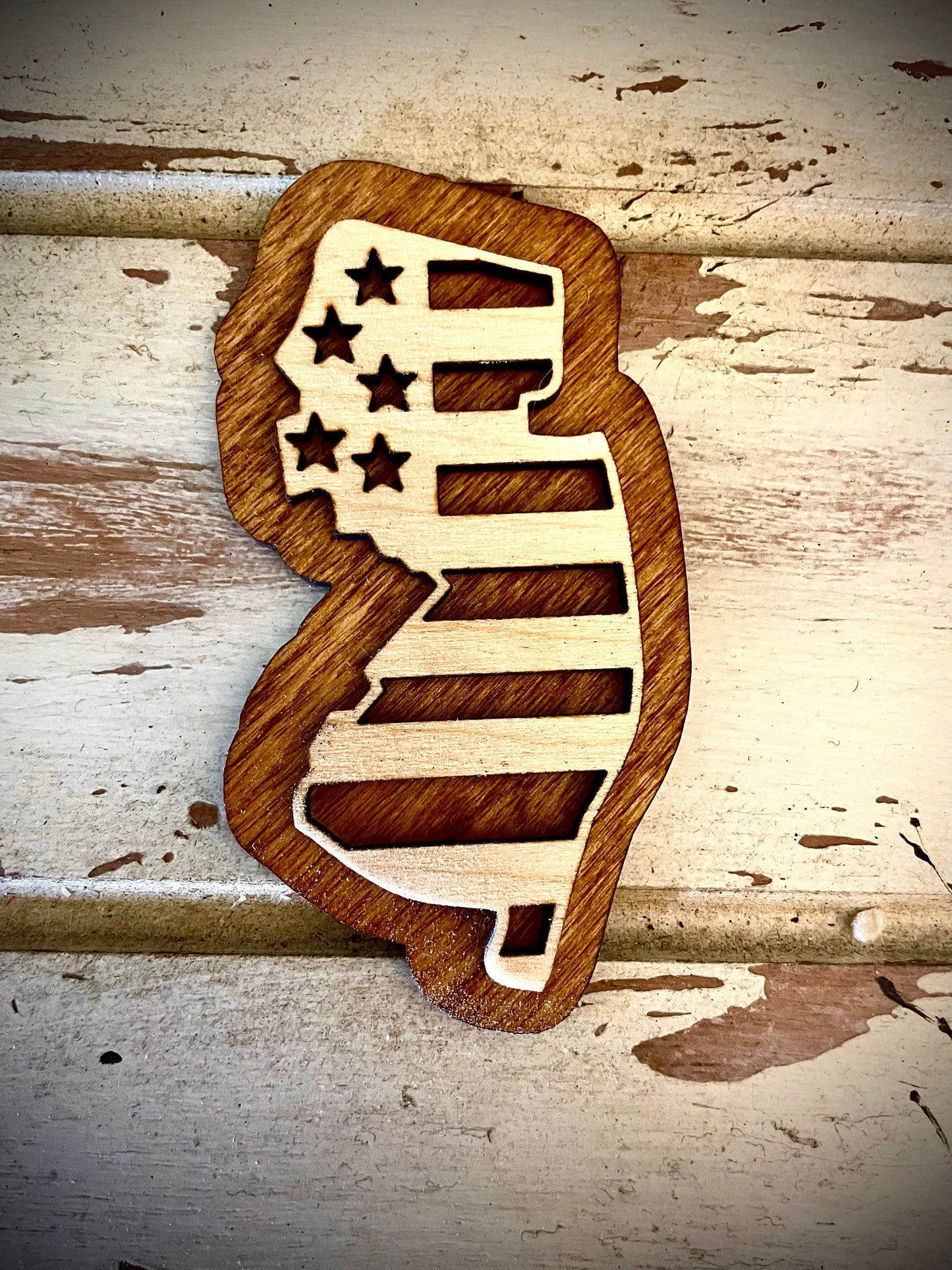 New Jersey US Flag 2-Layer Wood Refrigerator Magnet | 12 Finishes | Patriotic Gift