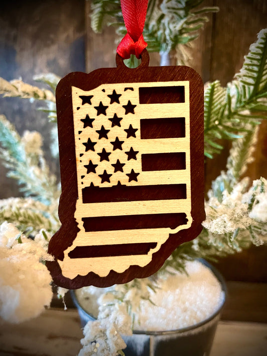 Indiana US Flag Wood Ornament & Gift Tag | 12 Finishes | Patriotic Gift