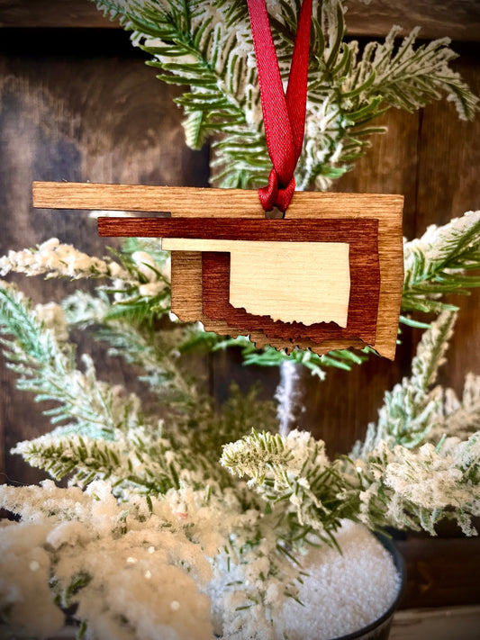 Oklahoma 3-Layer Stacked Wood Ornament & Gift Tag | Brown & Gray Tones | State Pride Gift