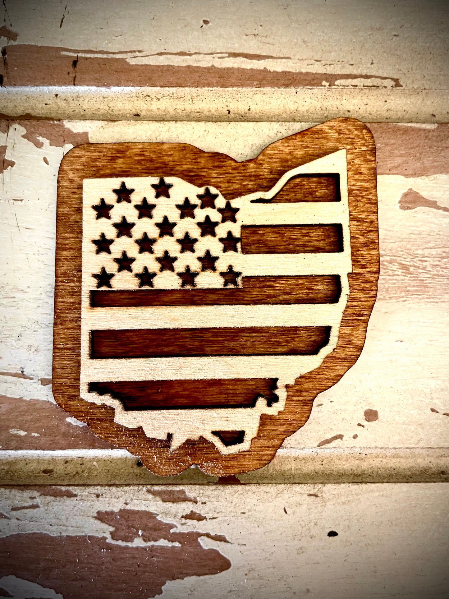 Ohio US Flag 2-Layer Wood Refrigerator Magnet | 12 Finishes | Patriotic Gift