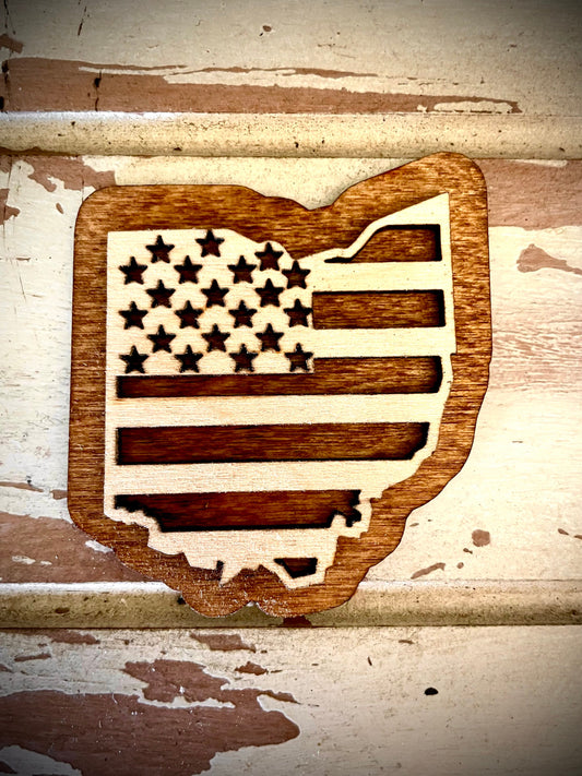 Ohio US Flag 2-Layer Wood Refrigerator Magnet | 12 Finishes | Patriotic Gift