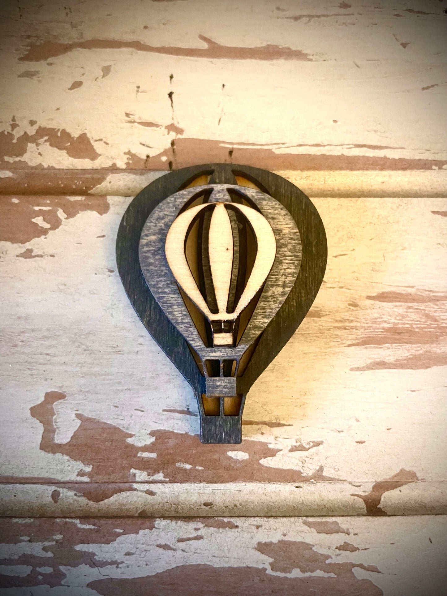 Stacked Hot Air Balloon 3-Layer Wood Refrigerator Magnet | Brown & Gray Tones | Home Decor Gift