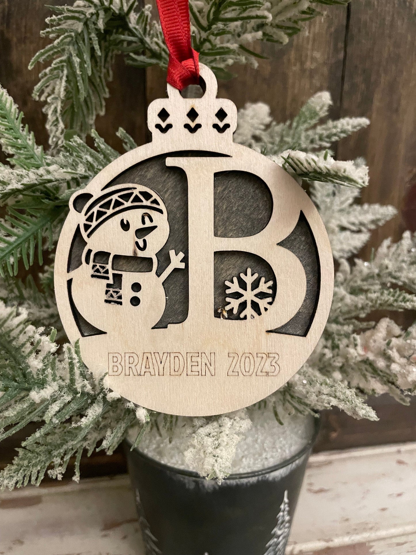 Snowman Monogram Personalized 2-Layer Wood Christmas Ornament & Gift Tag | Multiple Finishes | Holiday Gift