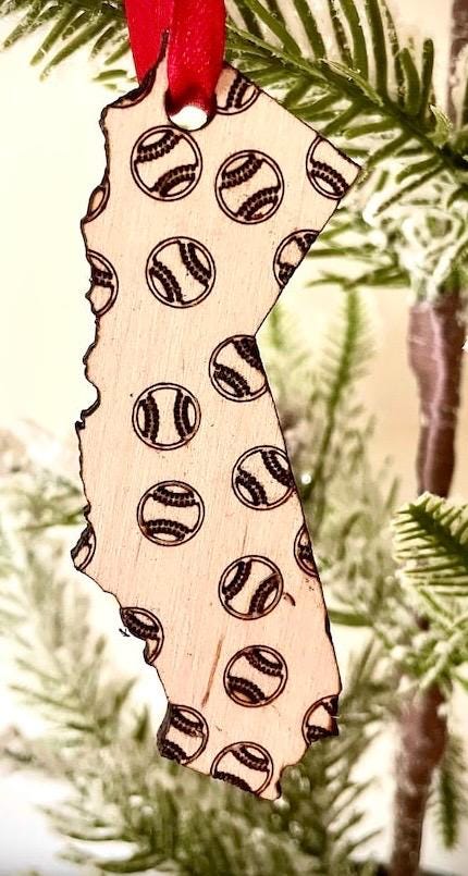 Baseball State Shape Wood Ornament & Gift Tag | Custom State | Baseball Gift | Coach Gift (#2)