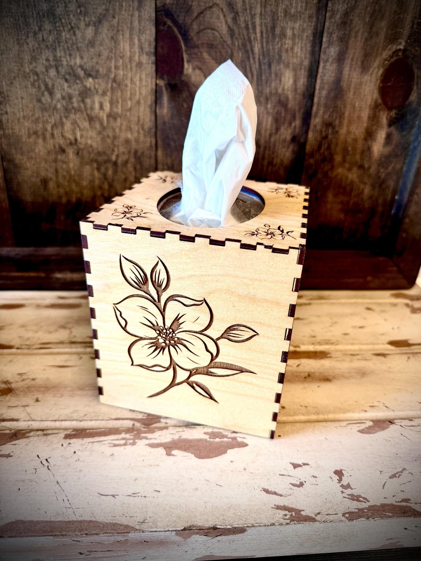 Dogwood Floral Engraved Wood Tissue Box Cover | Square, Oblong & Costco Sizes | 12 Finishes