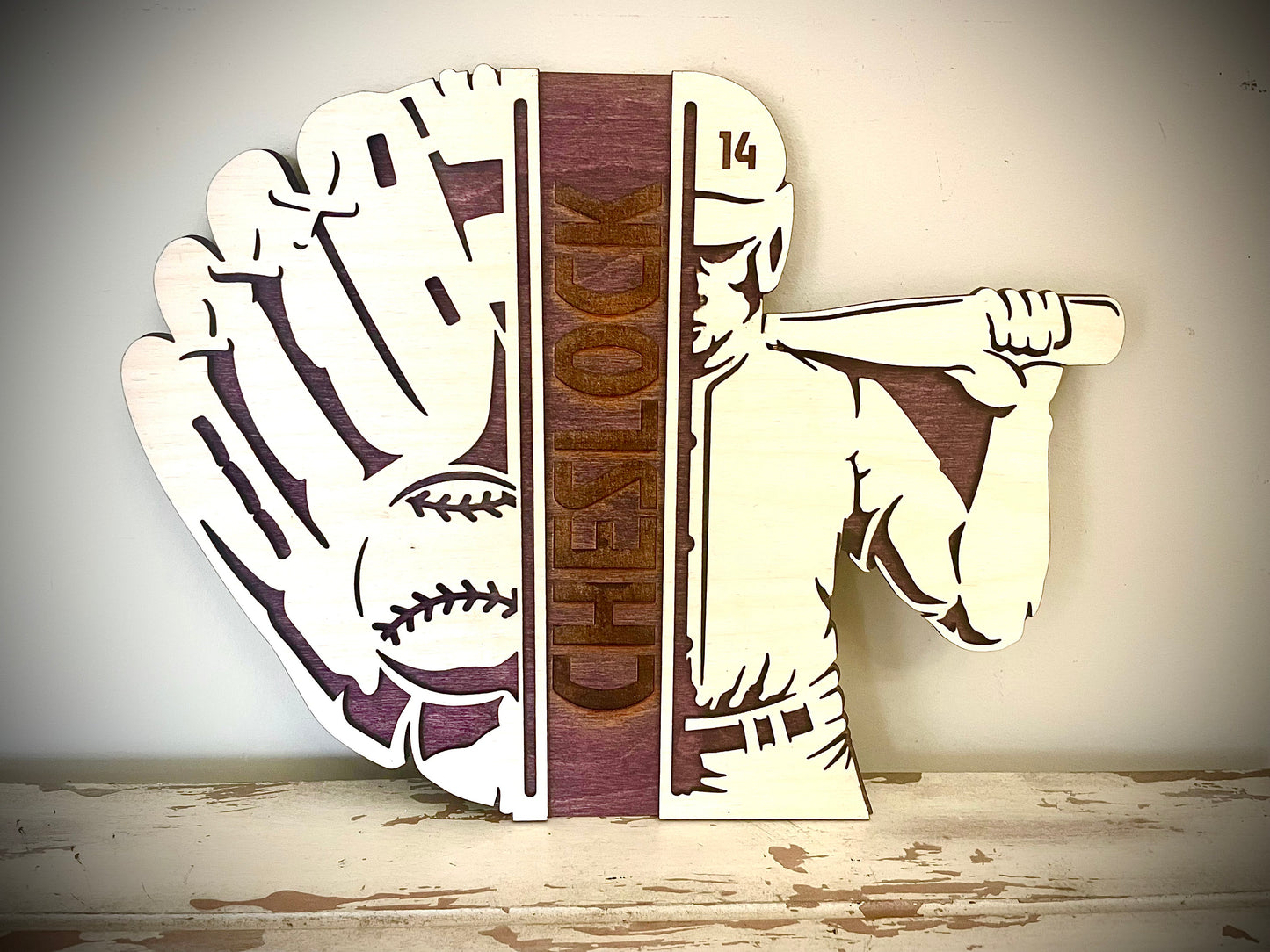 Custom Baseball Glove Wood Plaque | Player Name & Number Engraved | Split Design