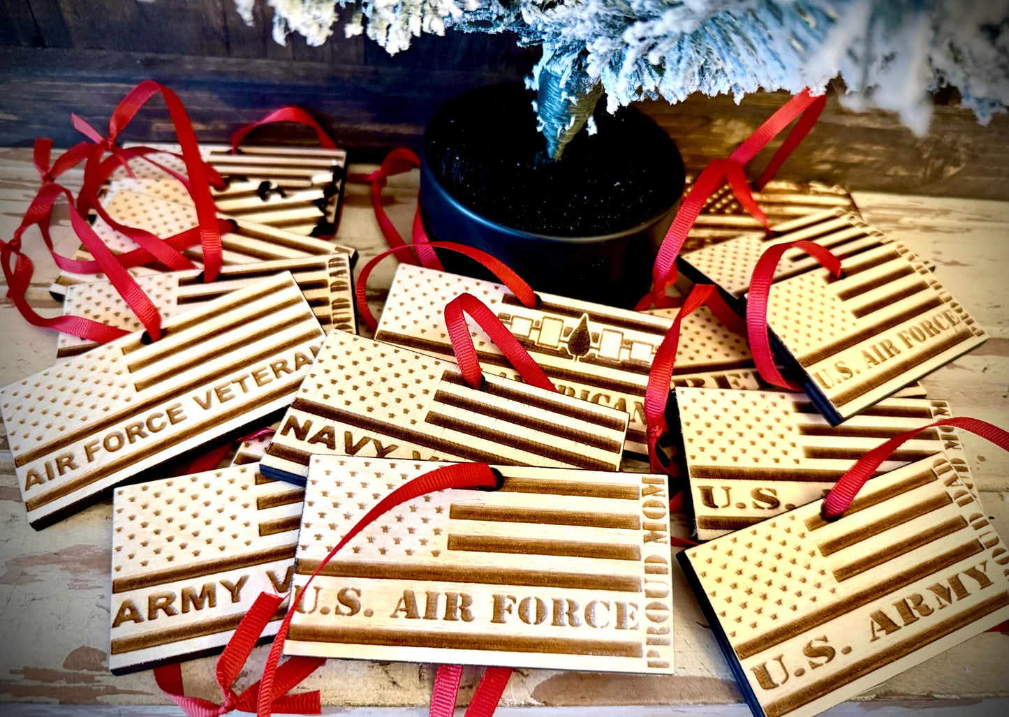 US Air Force Proud Mom Engraved US Flag Wood Ornament | Patriotic Gift | Military Gift