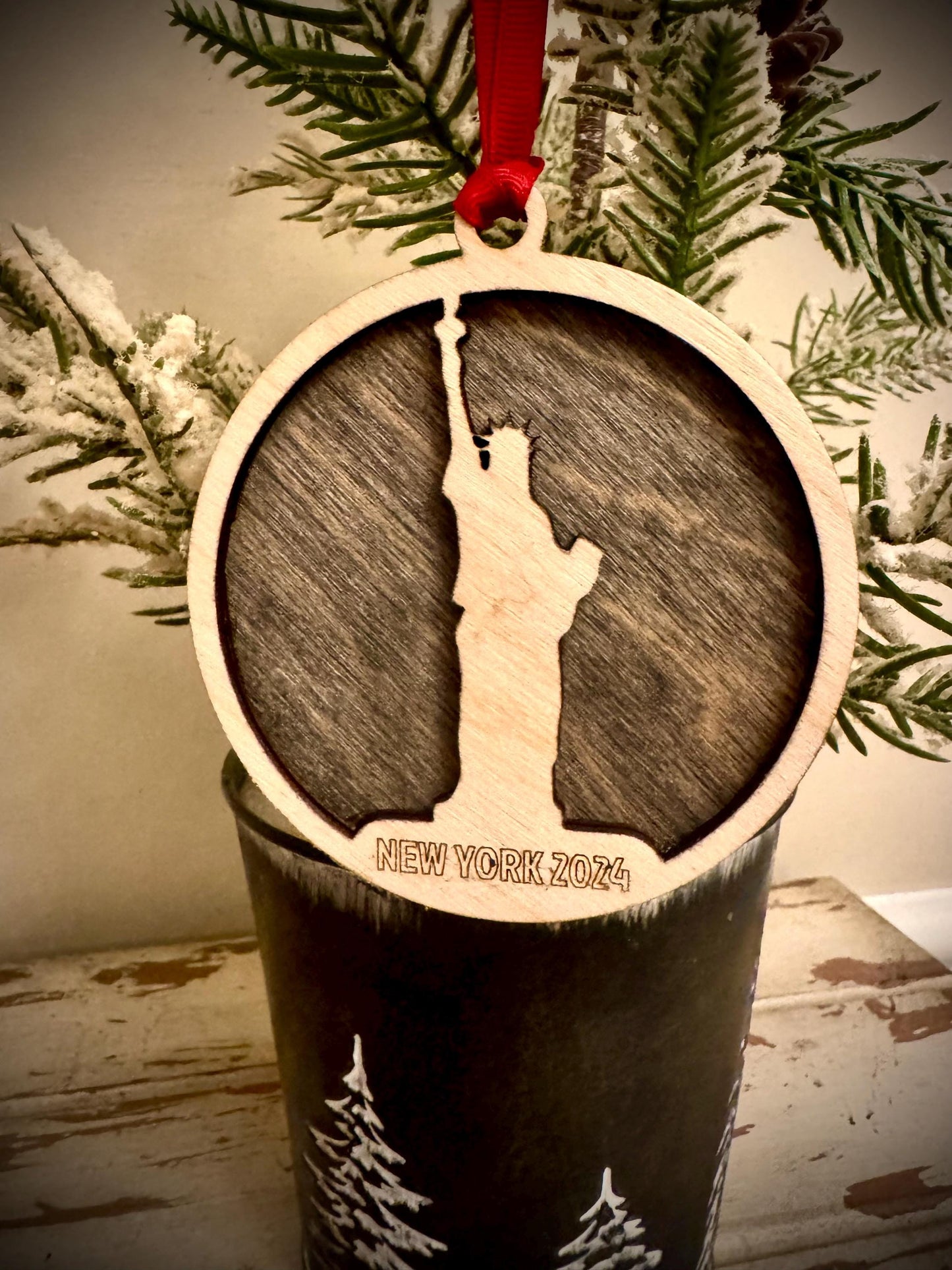 Statue of Liberty Full Body New York Personalized 2-Layer Wood Christmas Ornament & Gift Tag | Multiple Finishes | Travel Gift