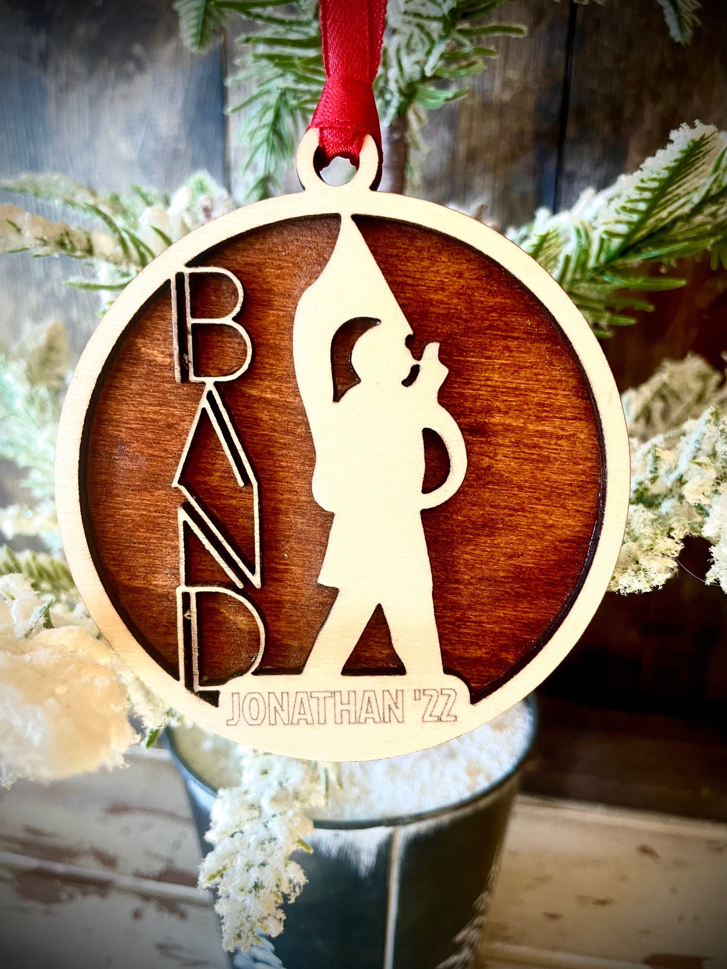 Marching band tuba sousaphone player 2-layer personalized laser cut wood Christmas ornament, gift tag available unfinished or stained