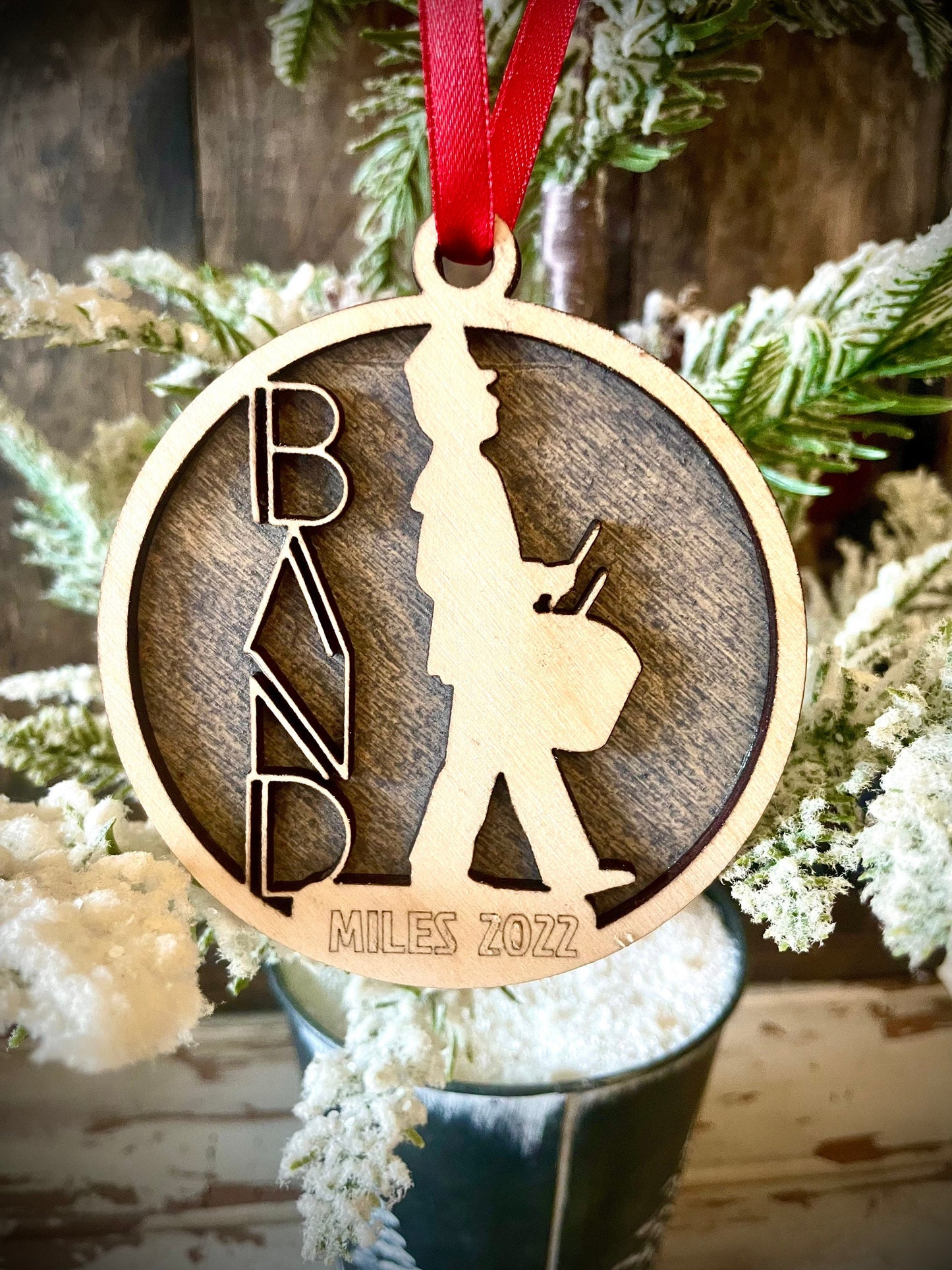 Marching band snare drum player 2-layer personalized laser cut wood Christmas ornament, gift tag available unfinished or stained v. 4 of 18