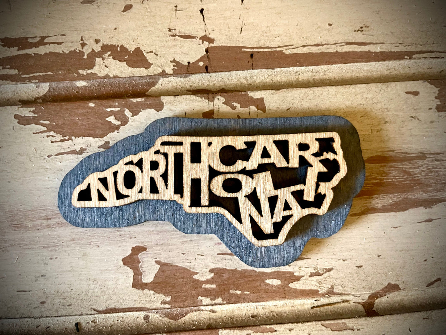 North Carolina Word Art 2-Layer Wood Refrigerator Magnet | 12 Finishes | State Pride Gift