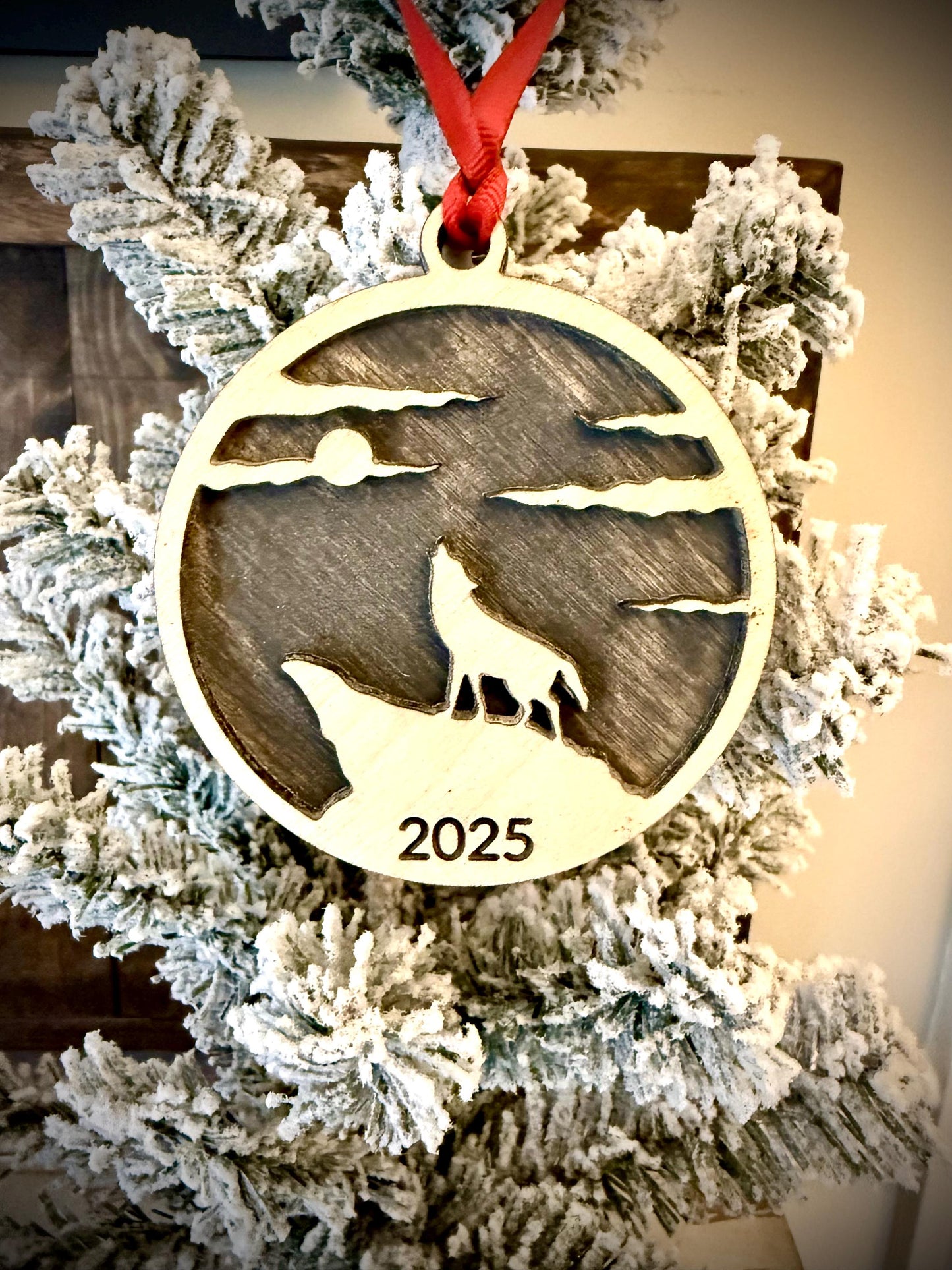 Wolf Howling at the Moon Personalized 2-Layer Wood Christmas Ornament & Gift Tag | Multiple Finishes | Wildlife Gift