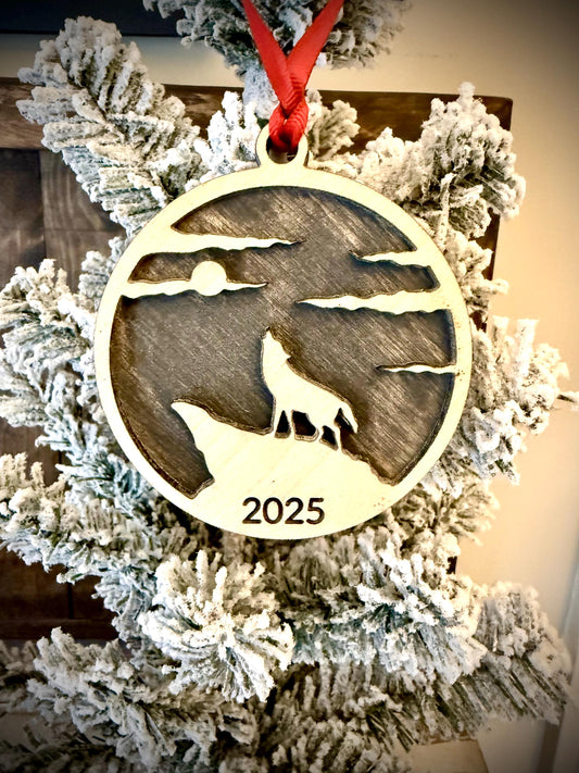 Wolf Howling at the Moon Personalized 2-Layer Wood Christmas Ornament & Gift Tag | Multiple Finishes | Wildlife Gift