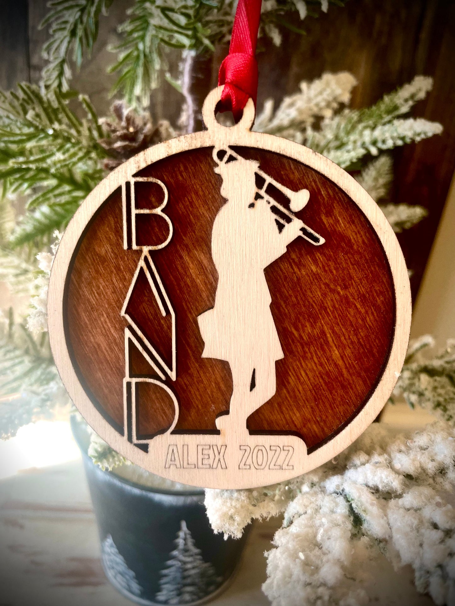 Marching Band Female Trombone Player Personalized 2-Layer Wood Christmas Ornament & Gift Tag | Multiple Finishes | Music Gift
