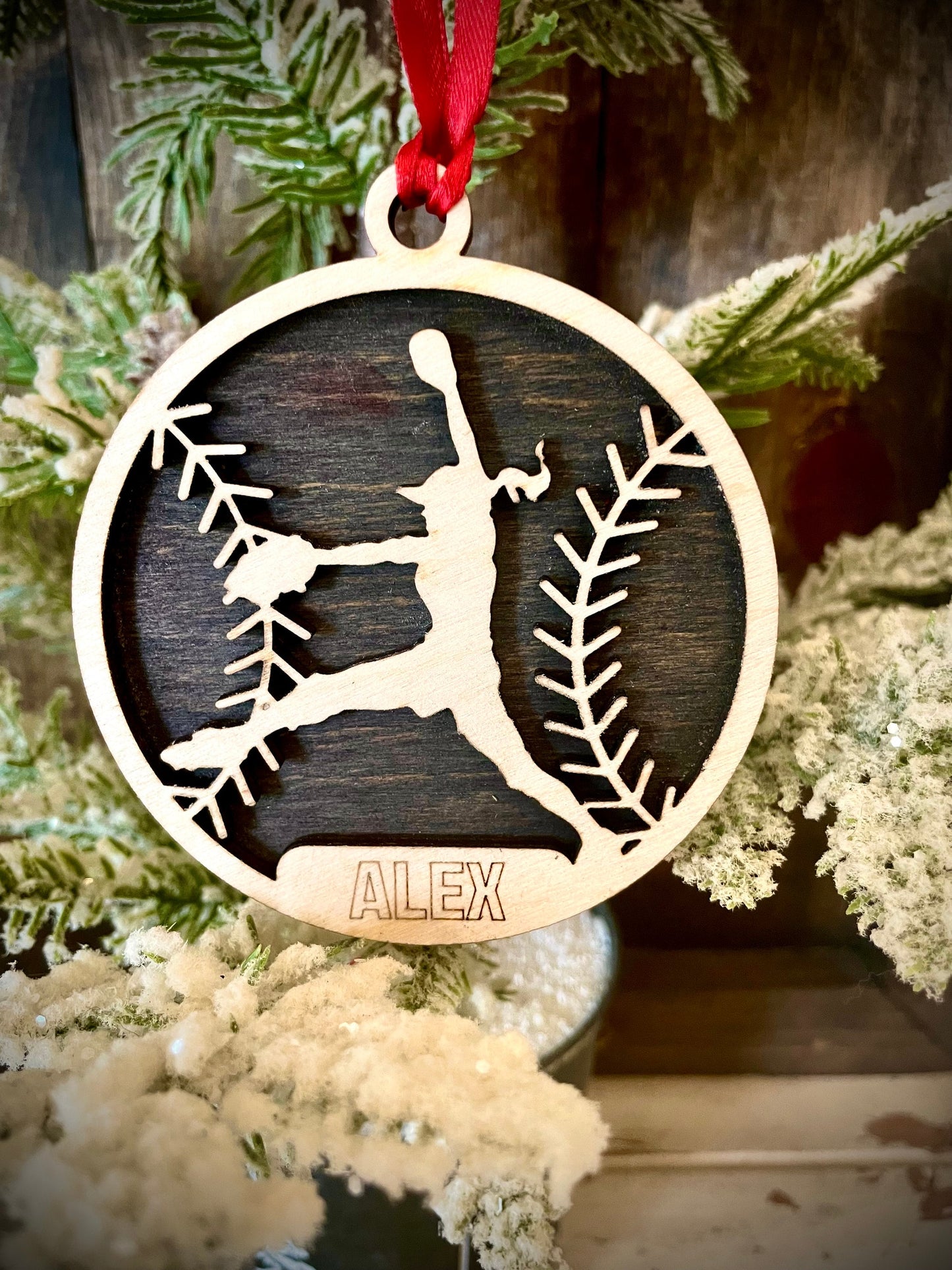 Softball Player Personalized 2-Layer Wood Christmas Ornament & Gift Tag | Multiple Finishes | Softball Gift (#2)