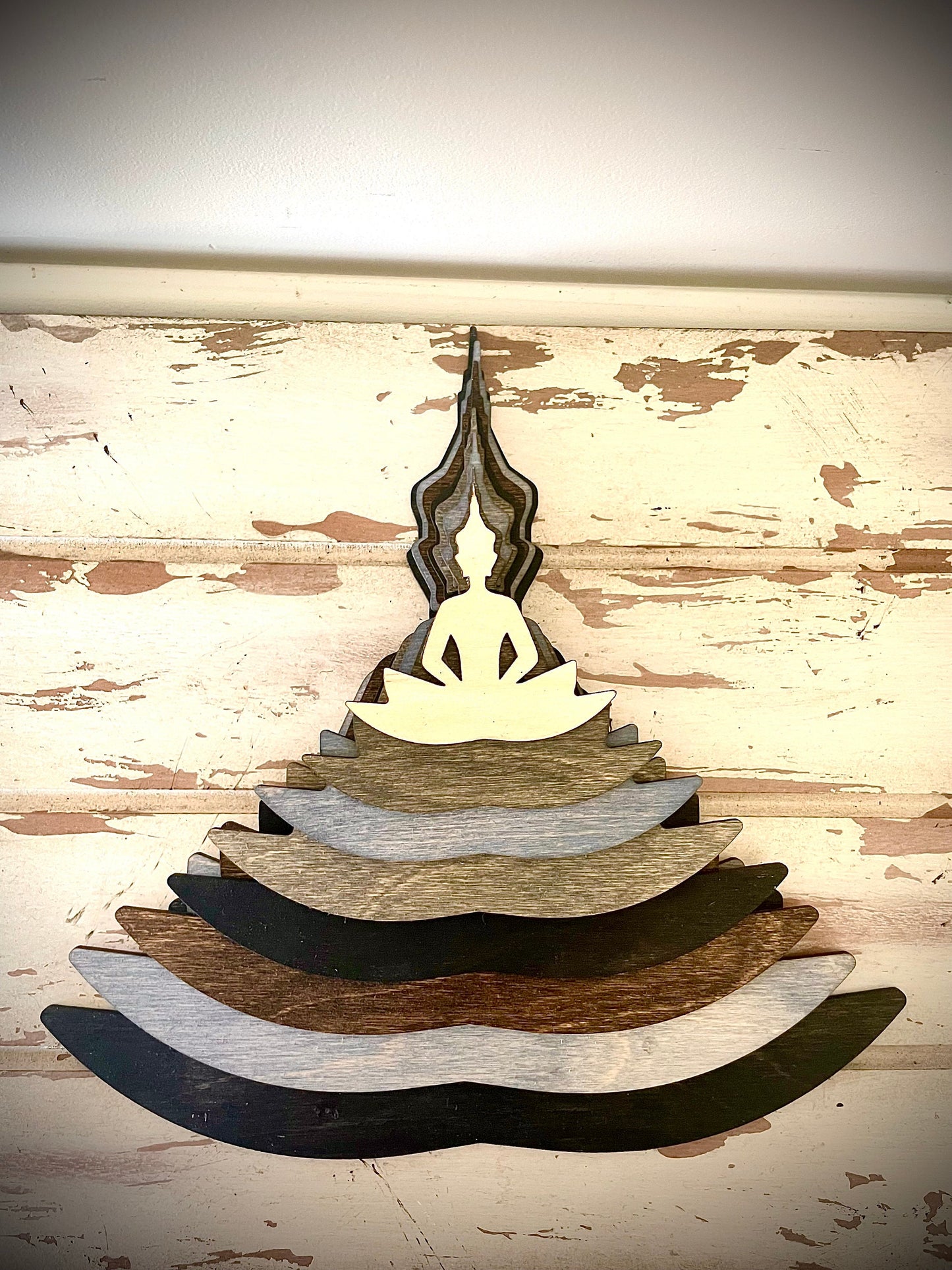 Stacked Lotus Flower Yoga Pose Mandala 3D Wood Table & Wall Art | Brown or Gray Tones | Yoga Gift