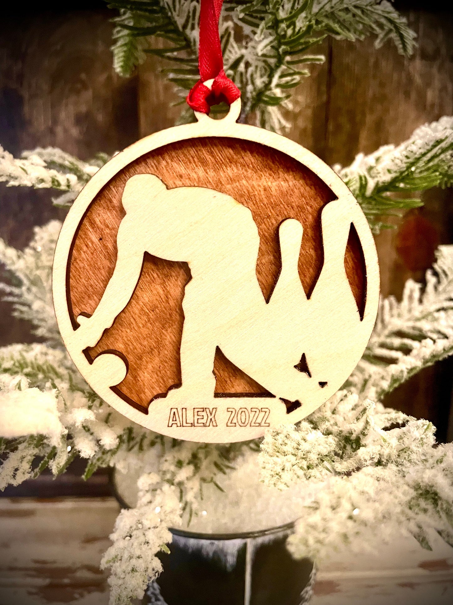 Bowling / Bowler 2-layer personalized laser cut wood Christmas ornament, gift tag available unfinished or stained (version 1 of 6)