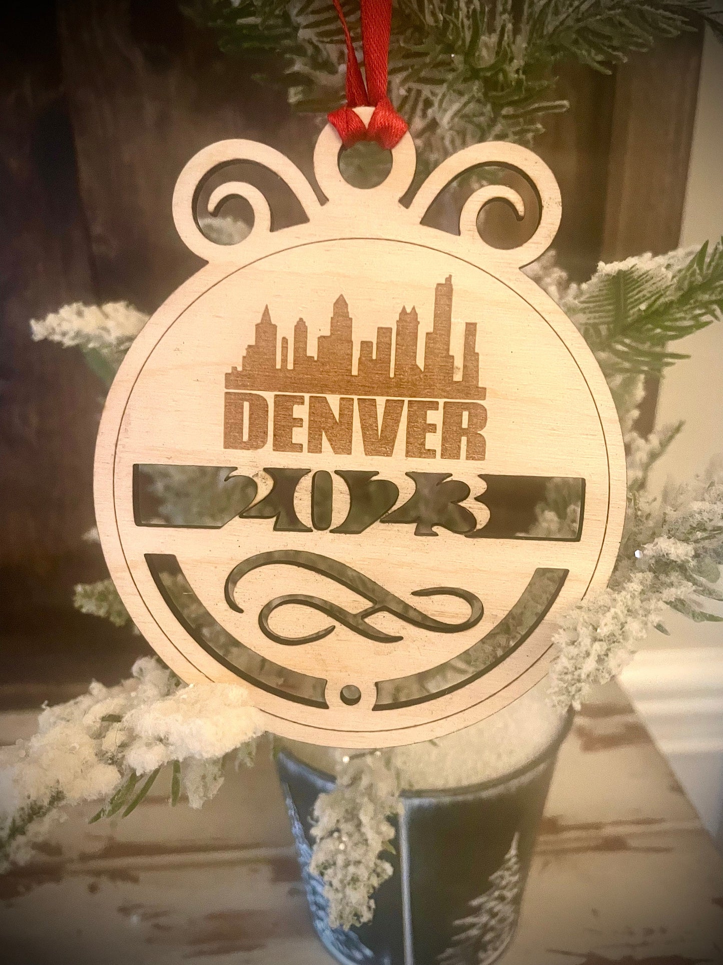 Denver Skyline Wood Ornament | Choice of Year | 4" x 4.75" | Travel Souvenir Gift