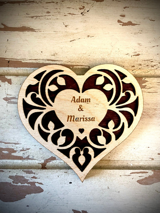 Romantic Couple Heart 2-Layer Wood Refrigerator Magnet | Personalized Names | 12 Finishes | Valentine's Gift