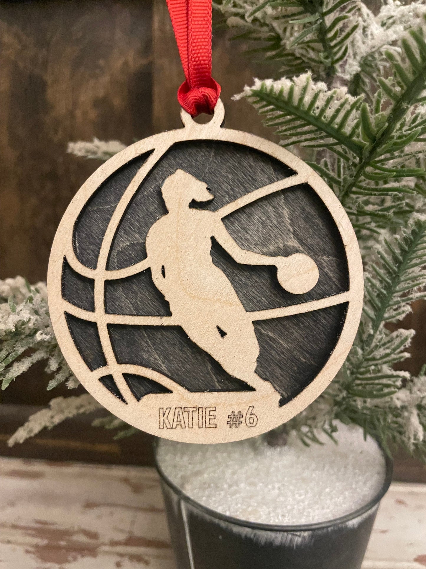 Female Basketball Player Personalized 2-Layer Wood Christmas Ornament & Gift Tag | Multiple Finishes | Basketball Gift (#5)