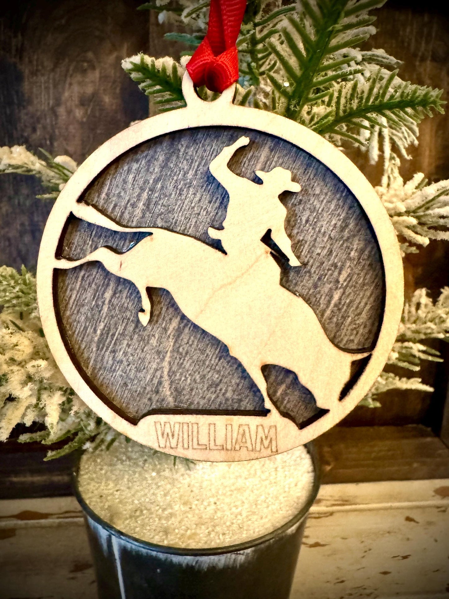 Rodeo Cowboy on Bucking Bull Personalized 2-Layer Wood Christmas Ornament & Gift Tag | Multiple Finishes | Western Gift