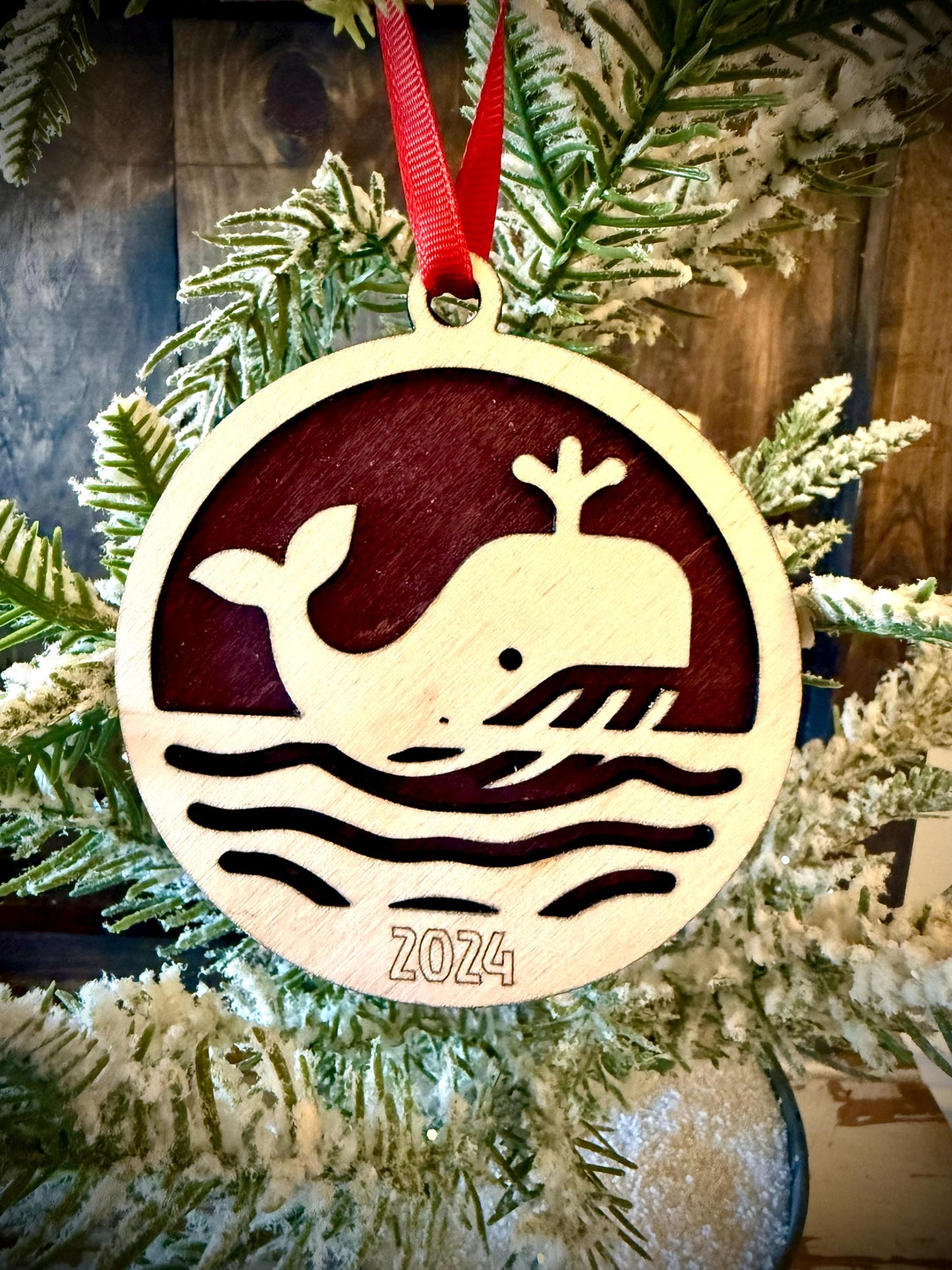 Whale Surfacing Personalized 2-Layer Wood Christmas Ornament & Gift Tag | Multiple Finishes | Ocean Gift