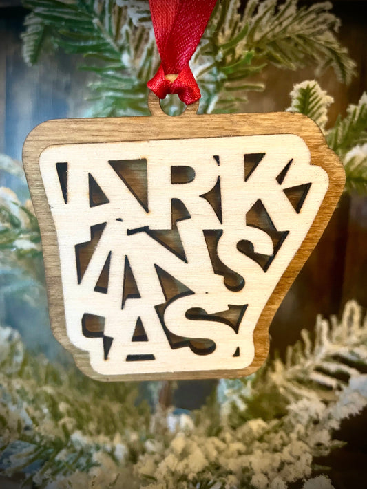 Arkansas Word Art Wood Ornament & Gift Tag | 12 Finishes | State Pride Gift