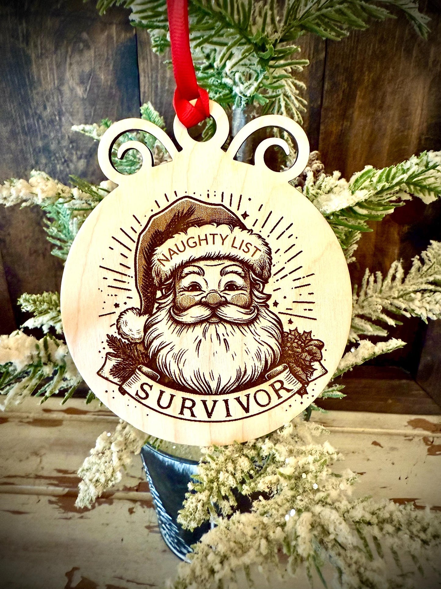 Santa Claus Naughty List Survivor Funny Wood Ornament & Gift Tag | Holiday Humor Gift