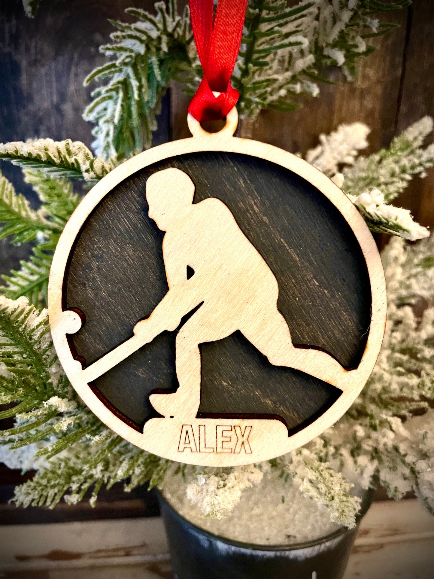 Male Field Hockey Player Personalized 2-Layer Wood Christmas Ornament & Gift Tag | Multiple Finishes | Field Hockey Gift (#6)