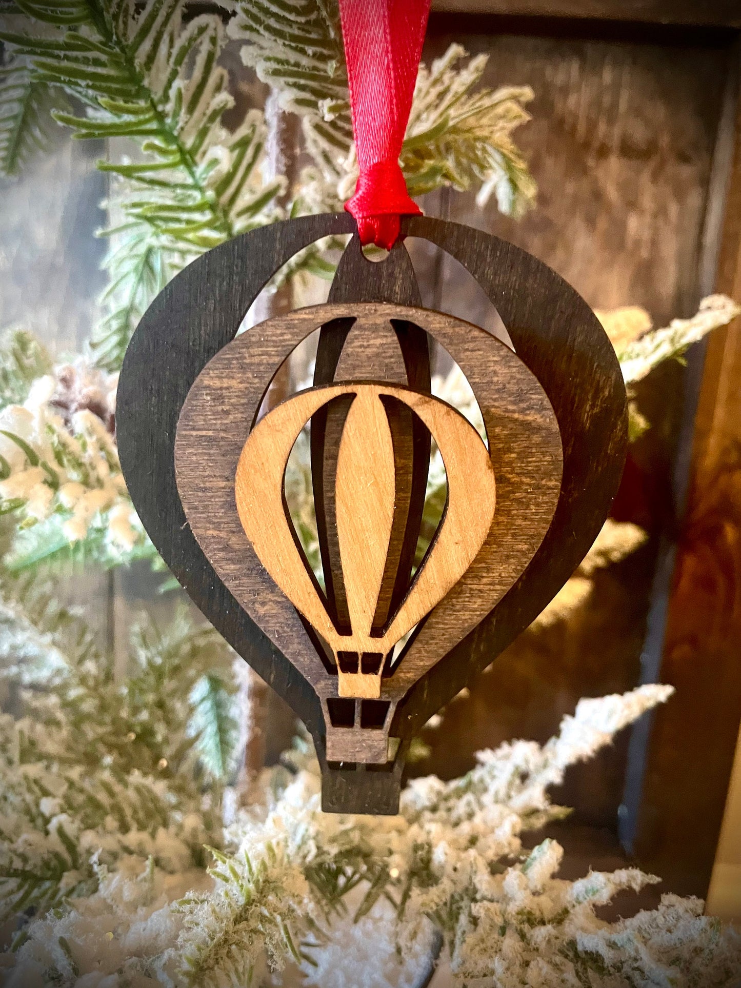 Stacked Hot Air Balloon Wood Ornament & Gift Tag | Brown & Gray Tones | Unique Christmas Gift